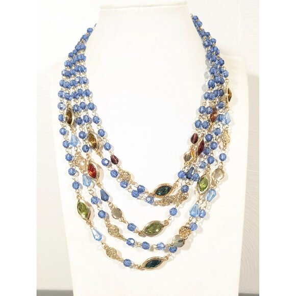 CHAPS Blue Bead Gold Tone Multi Strand Statement Necklace 18" - Picture 1 of 9